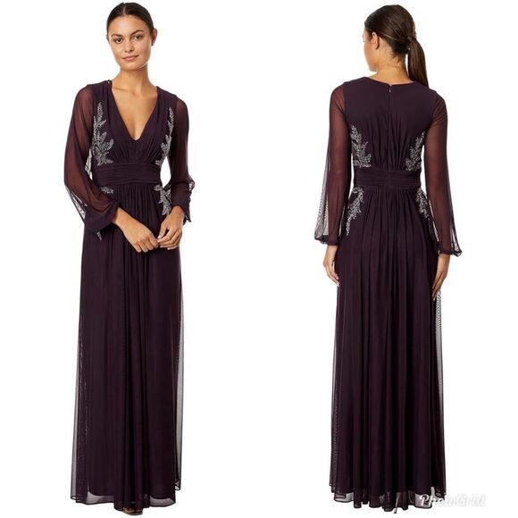 Revolve Betsy & Adam Kylie V-Neck Embroidered Chiffon Gown in Plum Purple - Picture 4 of 12